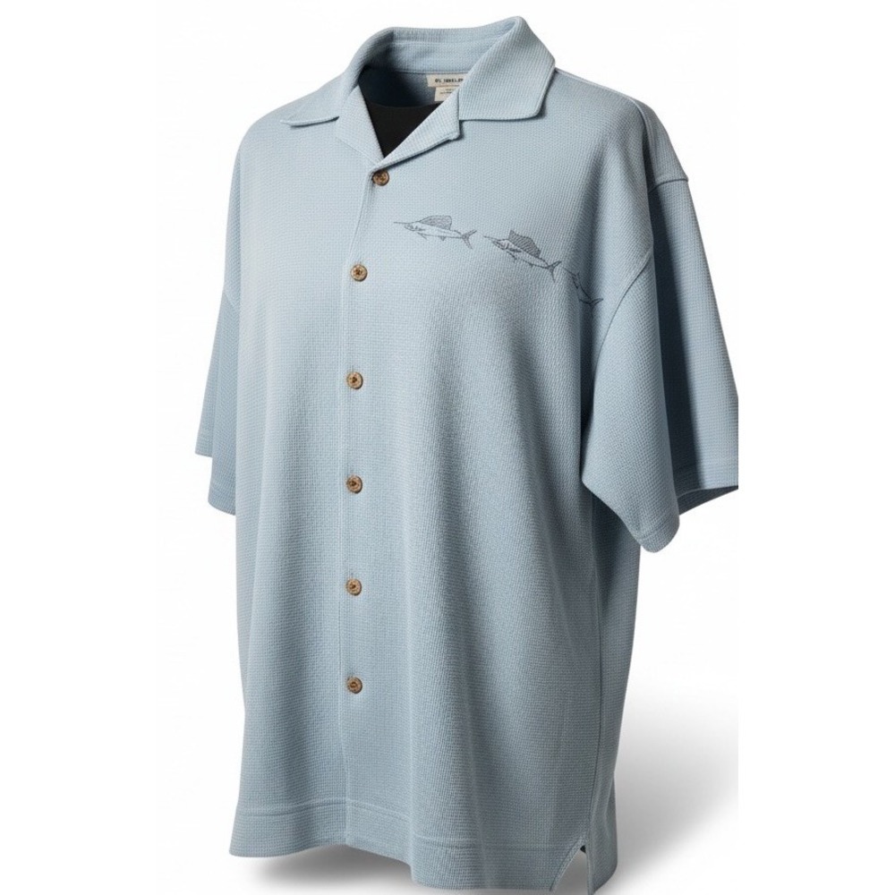 Tommy Bahama Shirt Silk And Cotton Slate Blue Button Down Short Sleeve Size XL
